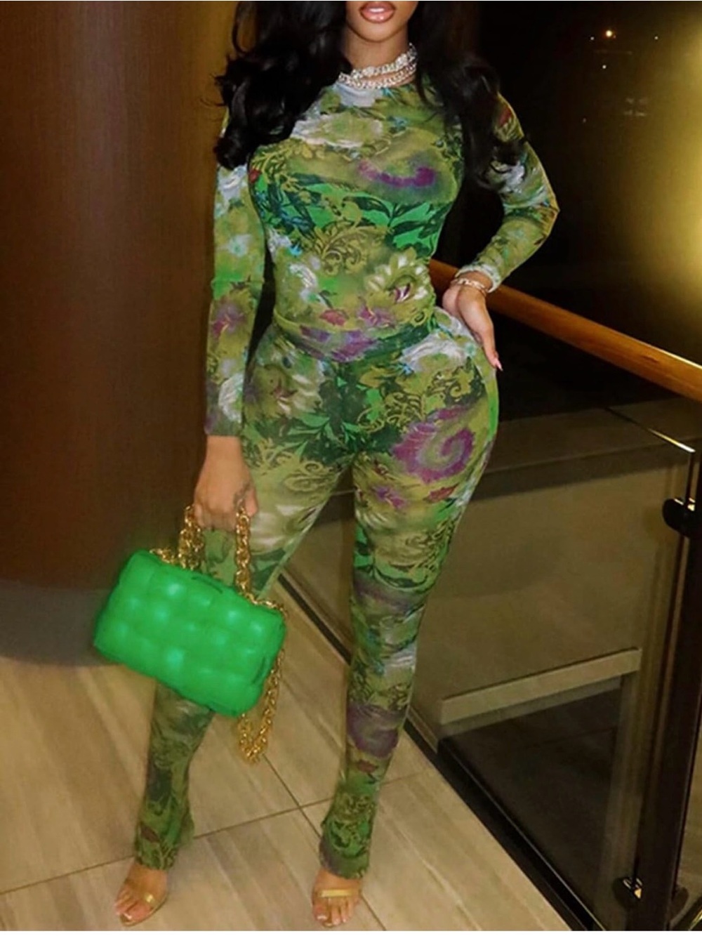 Uni Clau Green Floral Print 2 Piece Pants Set